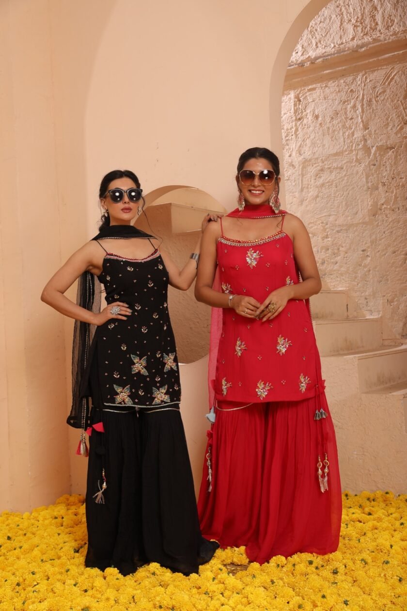 Crape Silk Kurti and Gharara Set with Dupatta